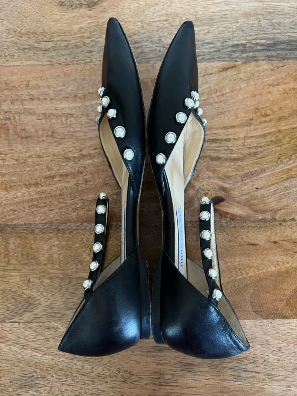 Jimmy Choo Leema Black Leather Pearl Embellished Ankle Strap Flats Size 37.5 - Picture 7 of 11